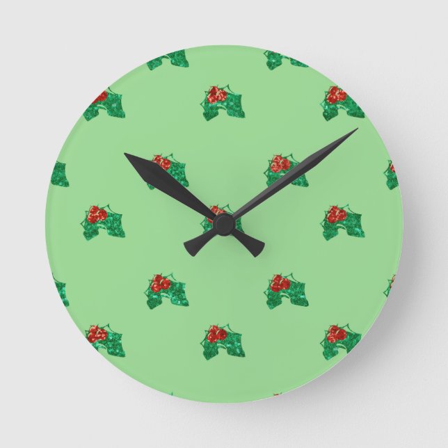 sequin christmas Holly Round Clock (Front)