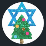 sequin christmukkah hanukkah classic round sticker<br><div class="desc">christmukkah, "star of david", "christmas tree", christmas, xmas, "ugly christmas", interfaith, "inter faith", christian, chrismukkah, hanukkah, chanukkah glitter, sequins, jewish, holidays, jew, neon pink blue white blank</div>