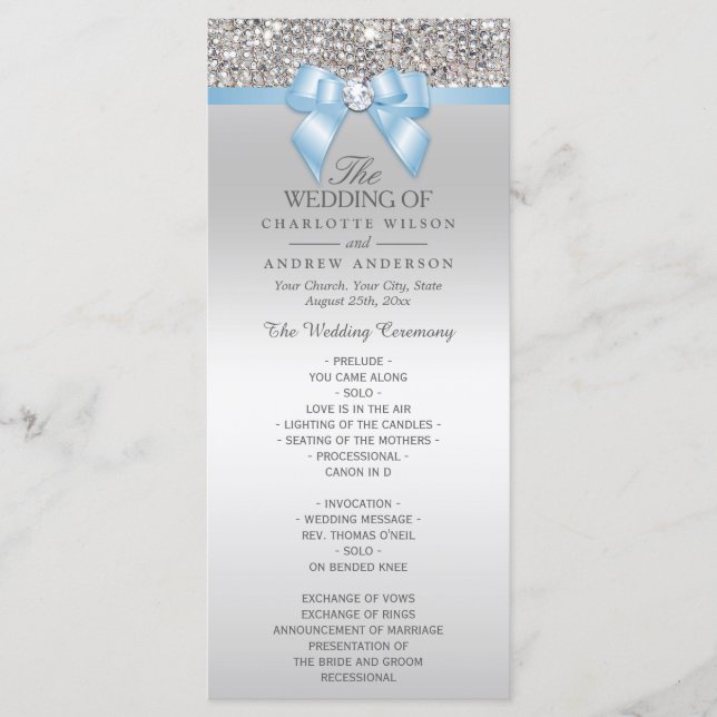 Séquin d'argent Baby Blue Bow Wedding Programme (Devant)