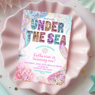 sequin glitter under the sea mermaid girl birthday invitation