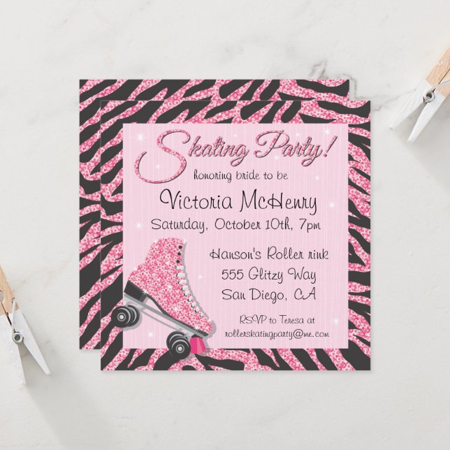 Sequin Glittering Roller Skating Party Invitations (Front/Back In Situ)
