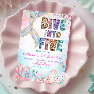 Sequin Glitters Dive into five mermaid bash Birthd Invitation
