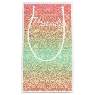 Sequin lace pattern gradient peach gold green small gift bag