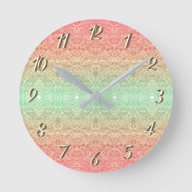 Sequin lace pattern ombre pink gold green round clock (Front)