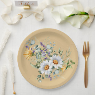 Sequin Light Yellow Daisies Lavender Shower Paper Plate