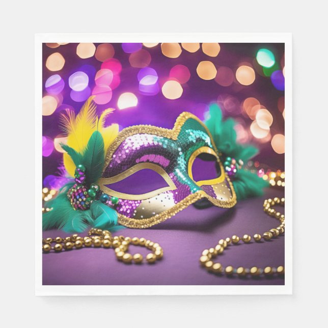Sequin Mardi Gras Mask With Beads Napkin (Front)