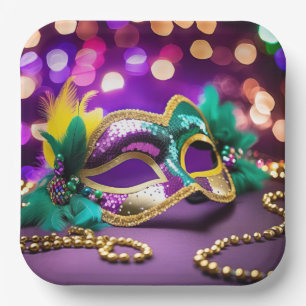 Sequin Mardi Gras Mask With Gold Beads Paper Plate