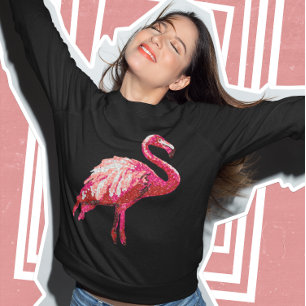 Sequin Printed Tropical Flamingo Pink Bird Black  Sweatshirt