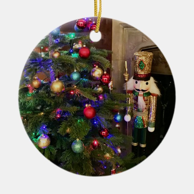 Sequined Nutcracker Soldier and Christmas Tree Ceramic Ornament (Front)
