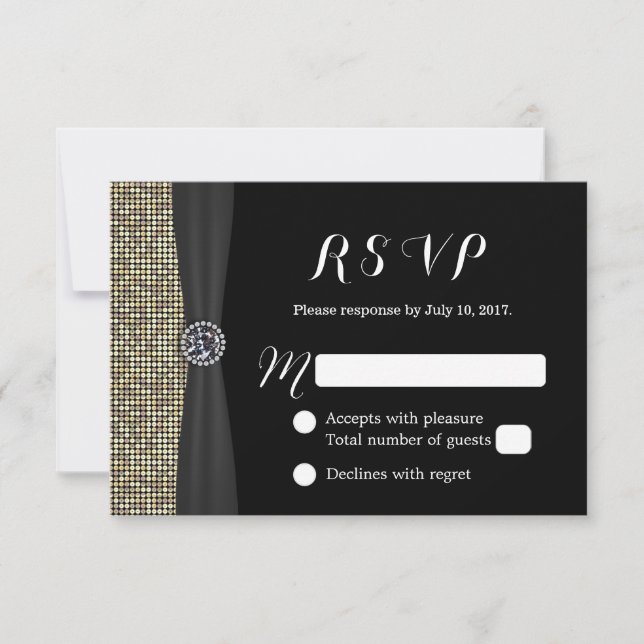 Séquines d'or moderne Elégant mariage diamant RSVP (Devant)