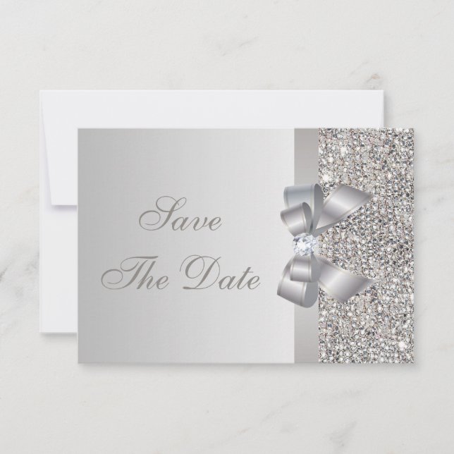 Sequins Argent, Nœud & Diamant Save the Date (Devant)