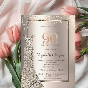 Sequins Dress Confetti Ivory 90th Birthday Invitation