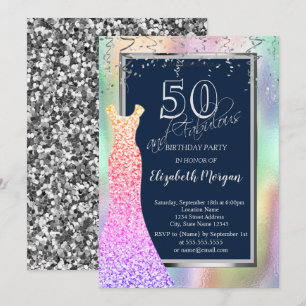 Sequins Dress Rainbow Holographic 50th Birthday  Invitation