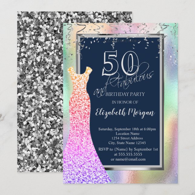 Sequins Dress Rainbow Holographic 50th Birthday  Invitation (Front/Back)