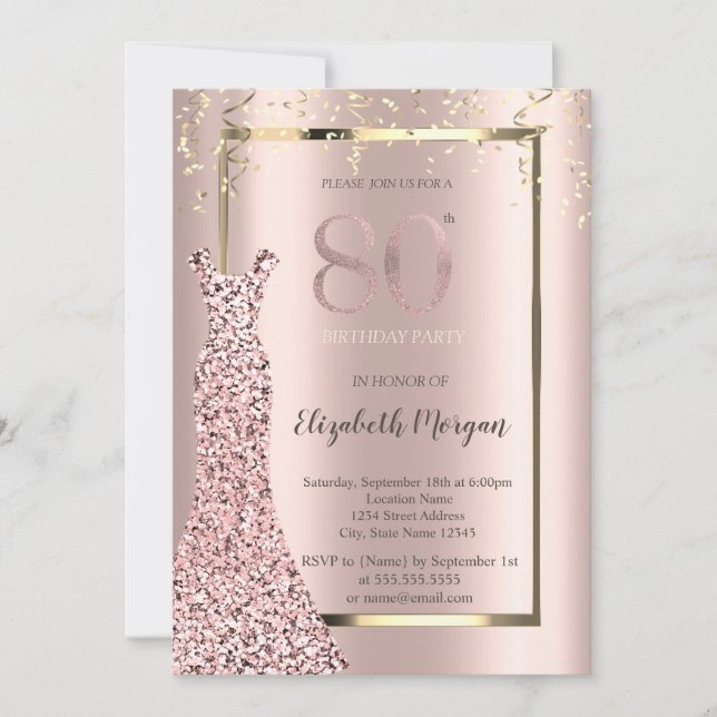 Sequins Dress Rose Gold 80th Birthday Invitation (Front)