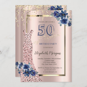 Sequins Dress Rose Gold, Blue Flowers 50th  Invitation