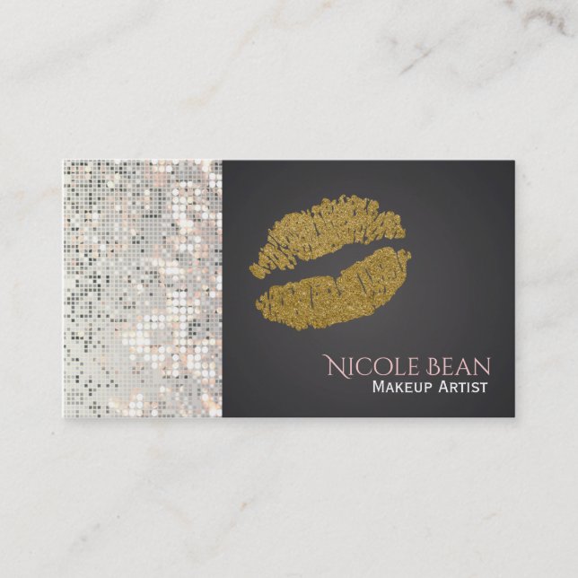 Sequins & Faux Gold Shine Lips Chic Business Card (Front)