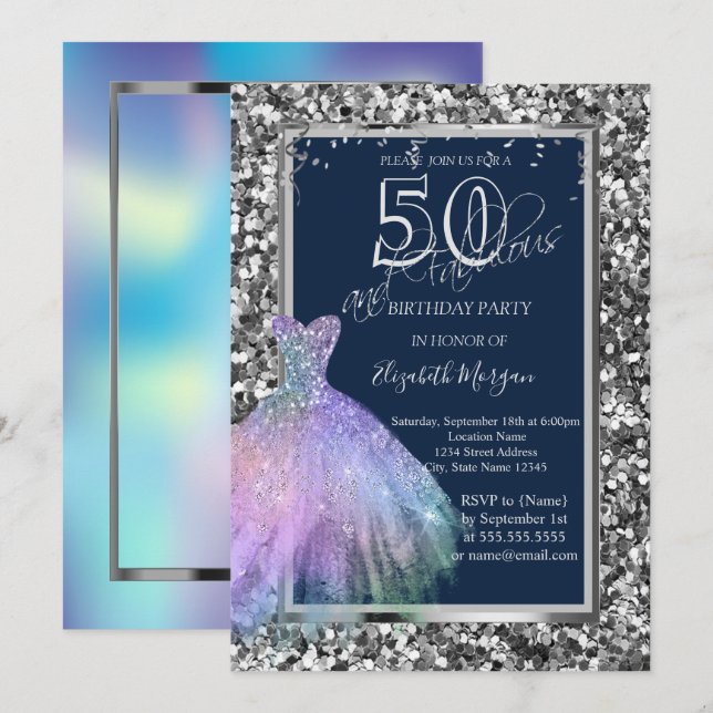 Sequins Glitter Dress Holographic 50th Birthday Invitation (Front/Back)