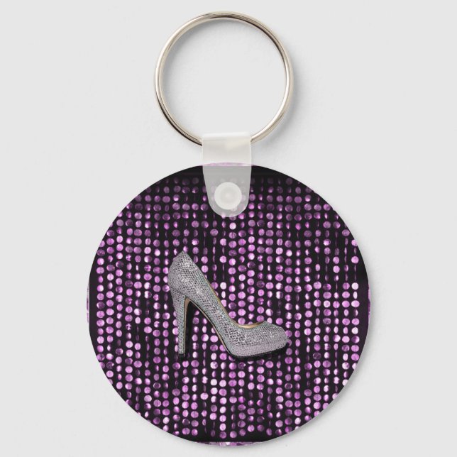 Sequins High Heel shoe purple silver Keychain (Front)