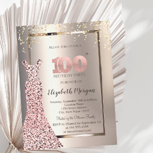 Sequins Rose Gold Dress Ivory 100th Birthday Invitation