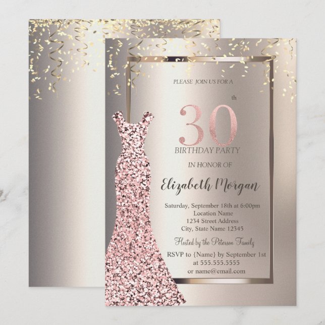 Sequins Rose Gold Dress Ivory 30th Birthday Invitation (Front/Back)