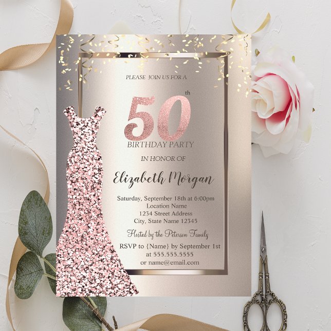 Sequins Rose Gold Dress Ivory 50th Birthday Invitation (Creator Uploaded)