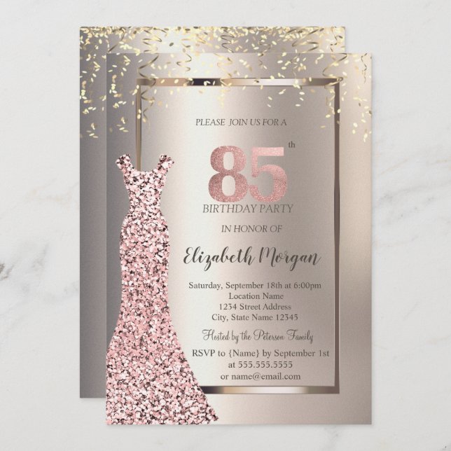 Sequins Rose Gold Dress Ivory 85th Birthday Invitation (Front/Back)