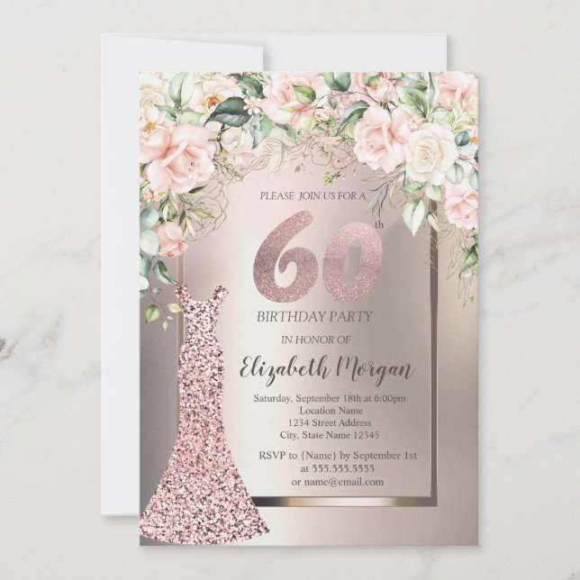 Sequins Rose Gold Dress Roses Ivory 60th Birthday Invitation (Front)