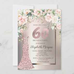 Sequins Rose Gold Dress Roses Ivory 60th Birthday Invitation