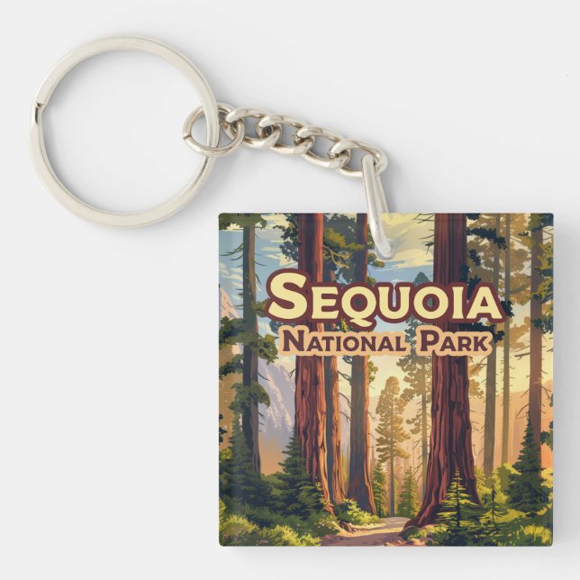 Sequoia National Park California Tree Retro  Keychain (Front)