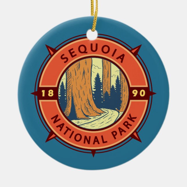 Sequoia National Park Illustration Retro Compass Ceramic Ornament (Front)
