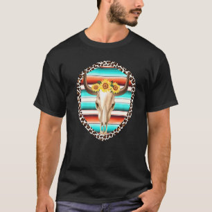 Serape Cow Skull Print Sunflower Leopard Turquoise T-Shirt
