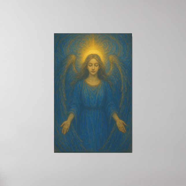 Seraphic Blue Angel – Golden Halo Guardian Canvas Print (Front)