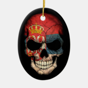 Serbian Flag Skull on Black Ceramic Ornament