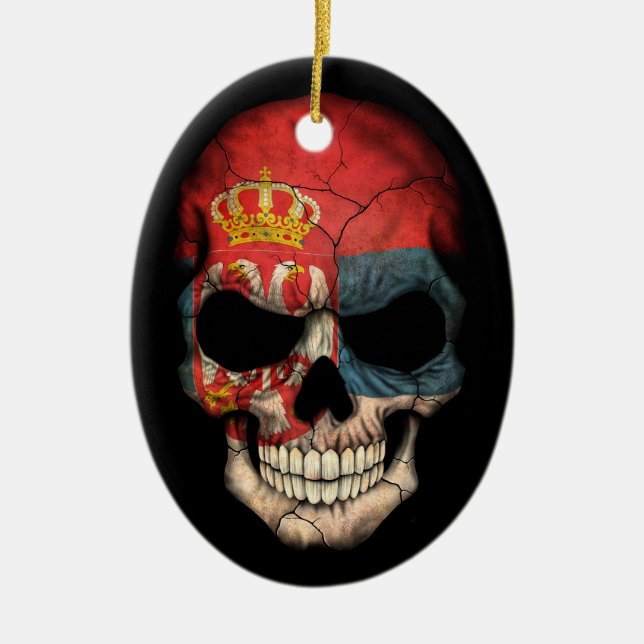 Serbian Flag Skull on Black Ceramic Ornament (Front)