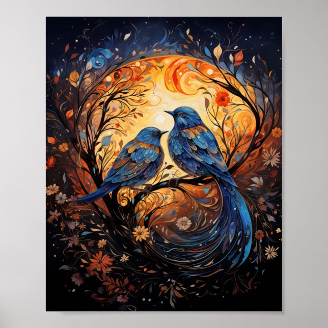 Serenade Lune : Poster d'Oiseaux Bleus Romantiques (Devant)