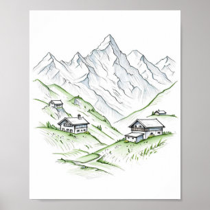 Serene Alpine Valley: A Minimalist Ink and Waterco Poster