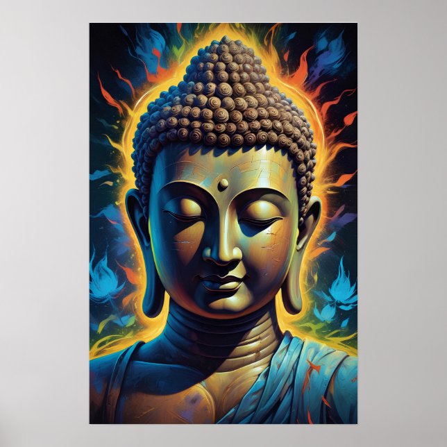 Serene And Calm Buddha Portrait Neon Art Poster (Front)