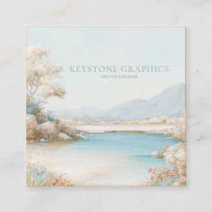 Serene Aqua Lakeside Gold Frame Romantic Floral Square Business Card