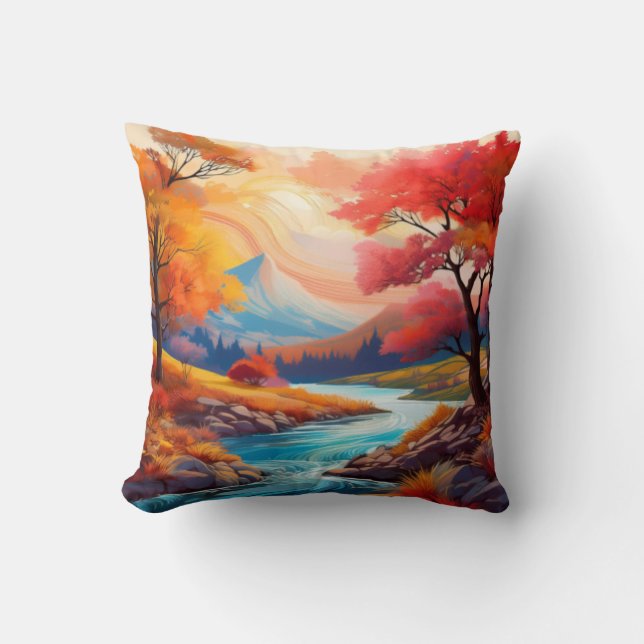 Serene Autumn Landscape with Flowing River Throw Pillow (Front)