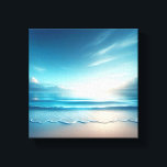 Serene Azure Ocean with Soft Morning Sun  Canvas Print<br><div class="desc">A peaceful digital painting of a vast azure ocean under a bright,  clear morning sky. The soft sun on the horizon illuminates the gentle white waves as they roll towards a smooth,  pale shore. This tranquil or office environments.</div>