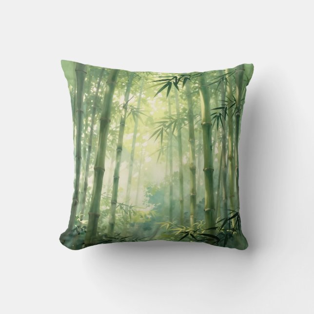 Serene Bamboo Forest Mist Glow Throw Pillow (Front)
