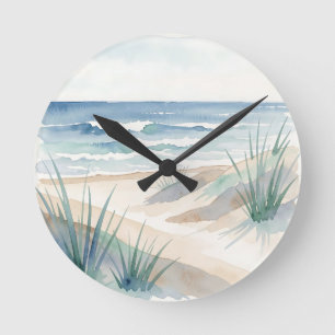 Serene Beach Dunes Ocean Watercolor Coastal Round Clock