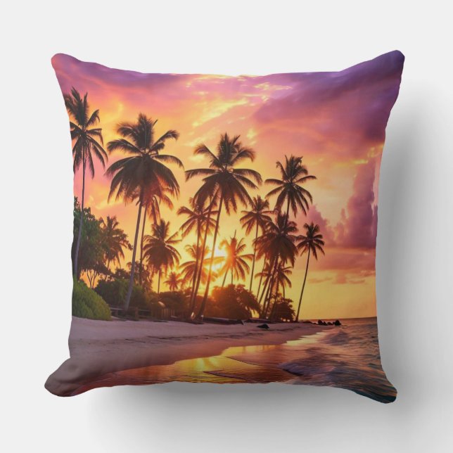 Serene Beach Sunset Palm Trees Coussin (Recto)