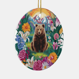 Serene bear surrounded by flowers art ceramic ornament