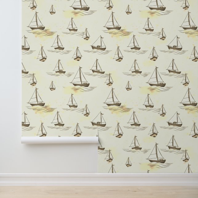 Serene Beige Sailing Boats on Sea Pattern Wallpaper (Application)