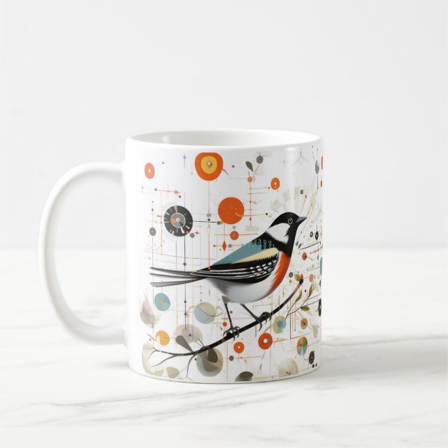 Serene Bird on Branch Amidst Harmonious Circles Coffee Mug (Left)
