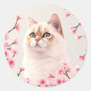 Serene Birman Cat Portrait With Cherry Blossoms  Classic Round Sticker