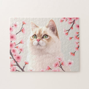 Serene Birman Cat Portrait With Cherry Blossoms Jigsaw Puzzle
