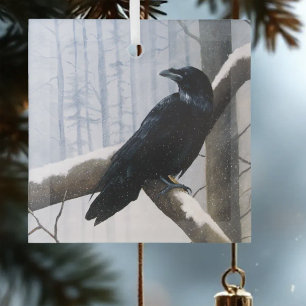 Serene Black Raven Snow Winter Forest Glass Ornament